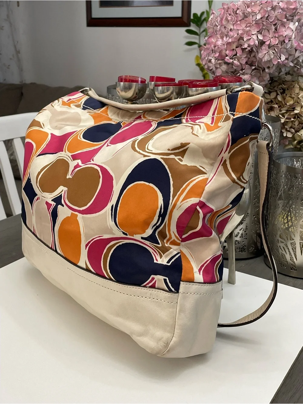 Coach Signature Print Nylon Leather Crossbody Messenger Bag Multicolor
